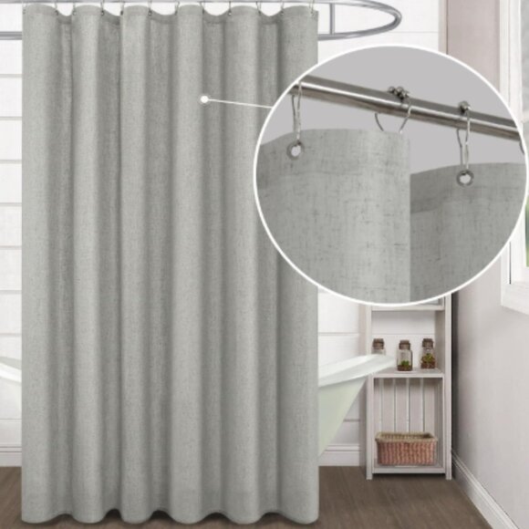 Gray Shower Curtain 71 x 72 with Silver Hooks Linen Look Minimalist Farmhouse - Picture 2 of 11